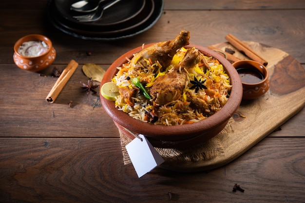 Dum Handi 치킨 Biryani는 Haandi라고 하는 토기 또는 진흙 냄비에 준비됩니다. 인기 있는 인도 비채식 음식