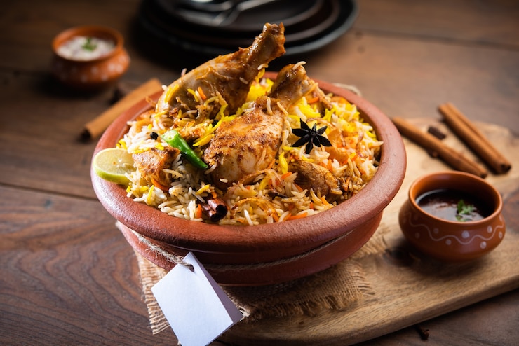 Photo dum handi chicken biryani is prepared in an earthen or clay pot called haandi. popular indian non vegetarian food