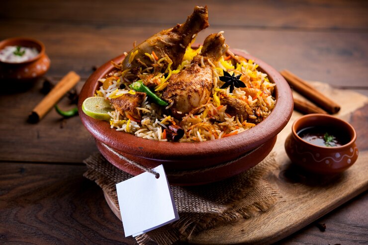 Photo dum handi chicken biryani is prepared in an earthen or clay pot called haandi. popular indian non vegetarian food