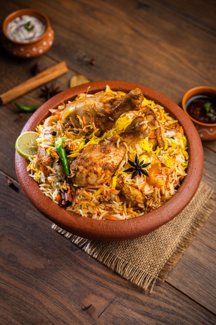 Photo dum handi chicken biryani is prepared in an earthen or clay pot called haandi. popular indian non vegetarian food