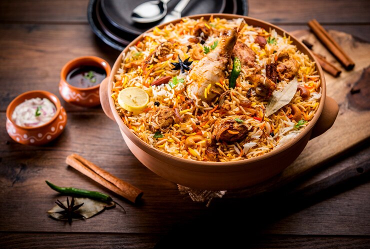 Photo dum handi chicken biryani is prepared in an earthen or clay pot called haandi. popular indian non vegetarian food