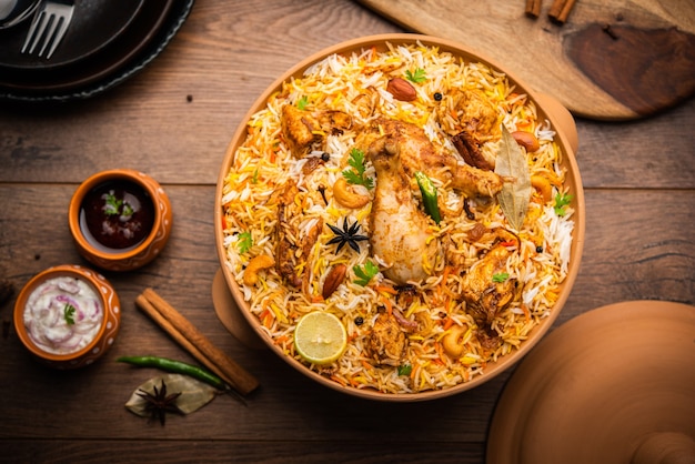 Photo dum handi chicken biryani is prepared in an earthen or clay pot called haandi. popular indian non vegetarian food
