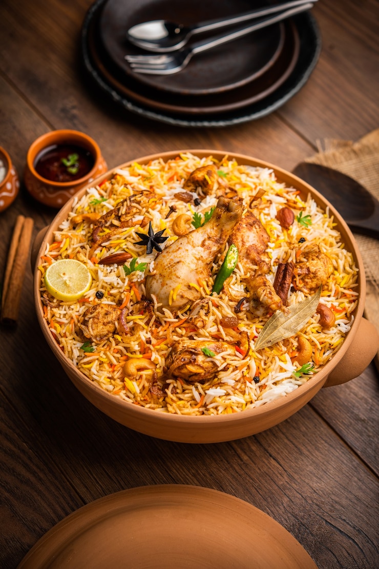 Photo dum handi chicken biryani is prepared in an earthen or clay pot called haandi. popular indian non vegetarian food