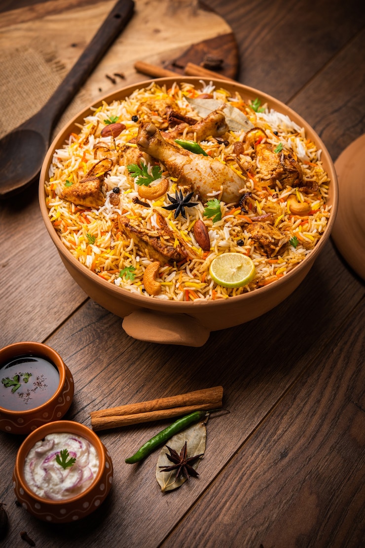 Photo dum handi chicken biryani is prepared in an earthen or clay pot called haandi. popular indian non vegetarian food