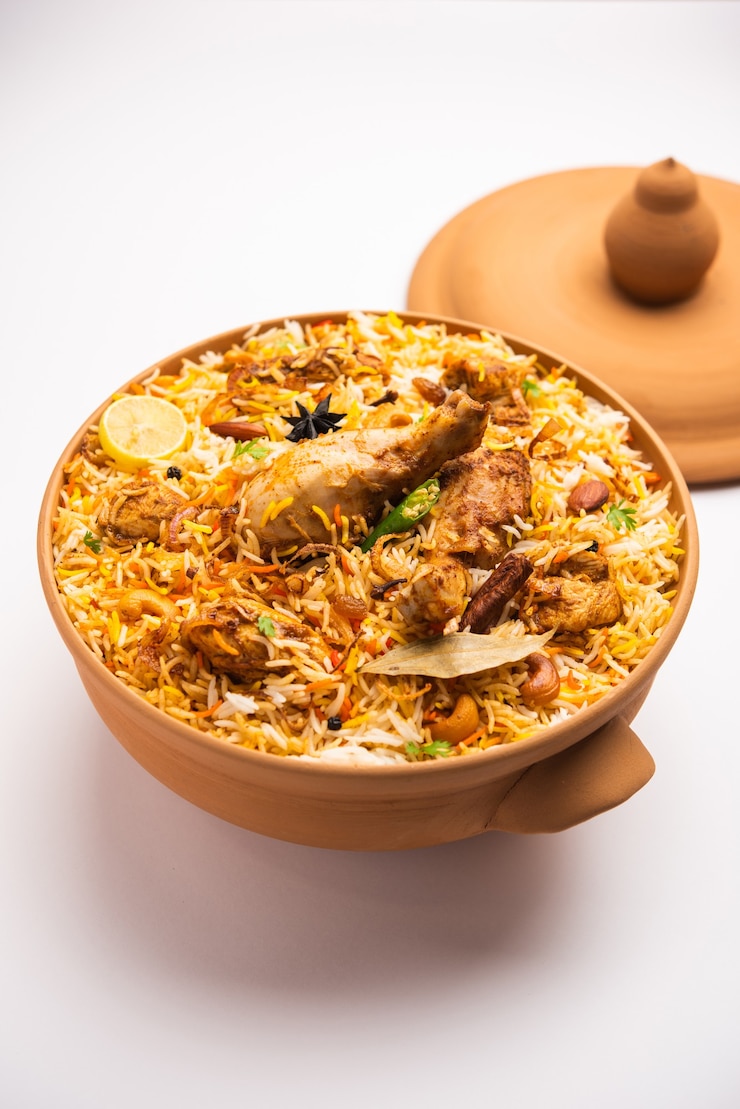 Photo dum handi chicken biryani is prepared in an earthen or clay pot called haandi. popular indian non vegetarian food