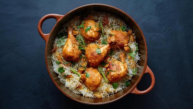 Photo dum handi chicken biryani is prepared in an earthen or clay pot called haandi