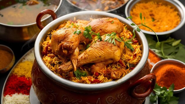 Photo dum handi chicken biryani is prepared in an earthen or clay pot called haandi