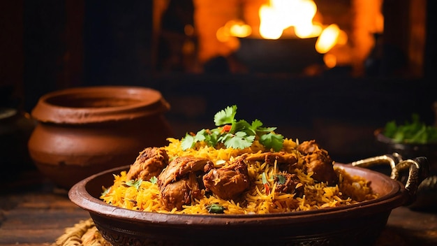 Dum handi kip biryani wordt bereid in een aarde of klei pot genaamd handi gegenereerd door AI