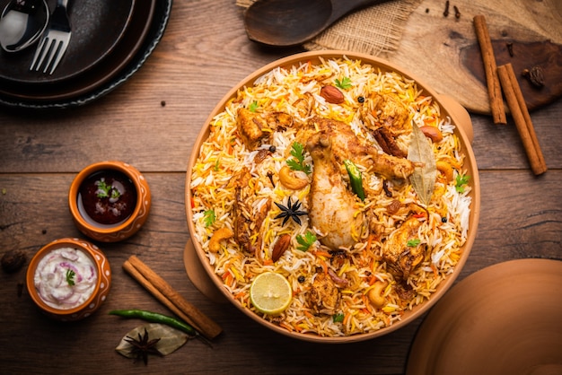 Foto dum handi kip biryani wordt bereid in een aarden of aarden pot genaamd haandi. populair indiaas niet-vegetarisch eten