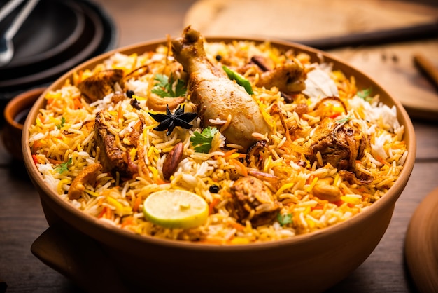 Dum handi kip biryani wordt bereid in een aarden of aarden pot genaamd haandi. populair indiaas niet-vegetarisch eten