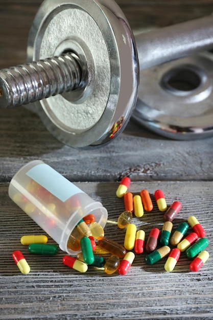 Dumbbell and colorful pills tablets on wooden background