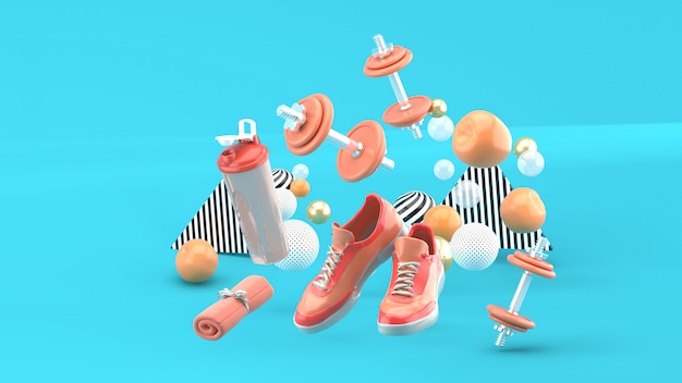 Dumbbell,Running Shoes, Pink Towel Among the colorful balls on the blue. 3d render
