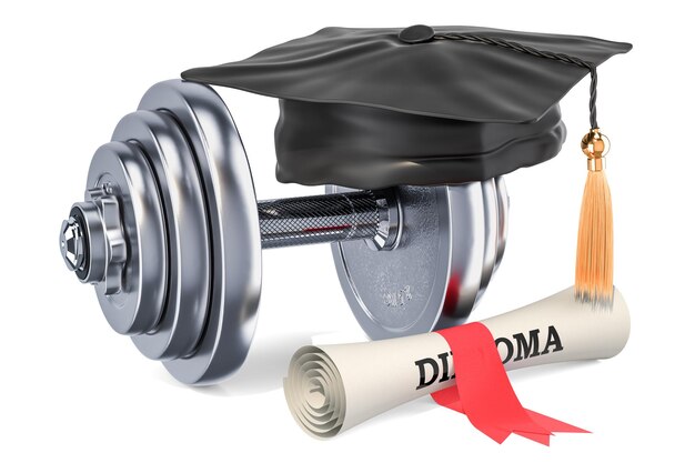 Dumbbell with graduation cap and diploma 3D rendering