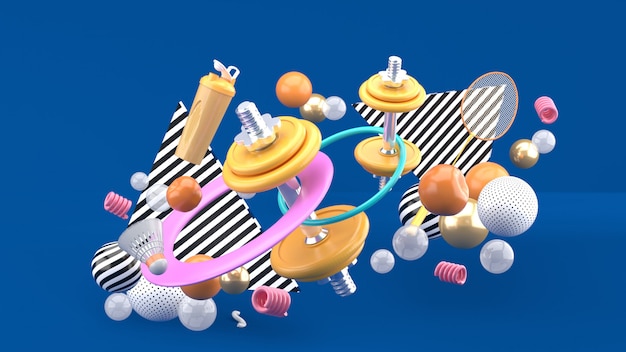 Dumbbells, badminton rackets, water bottles and a hula hoop among colorful balls on blue. 3d rendering.