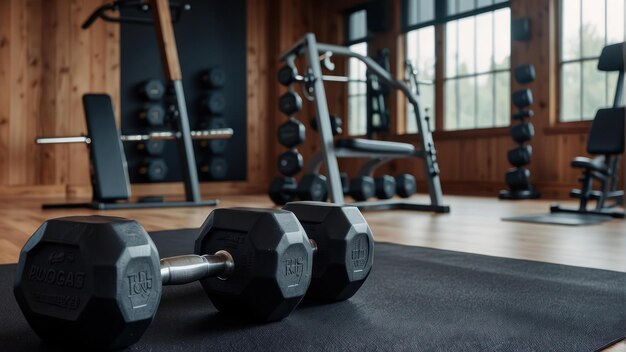 Dumbbells on blue gym mat in a gym