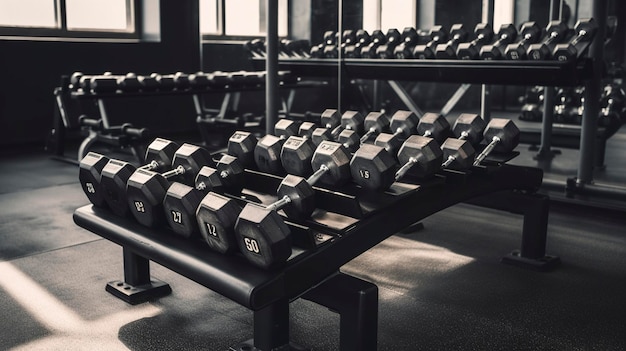 Dumbbells and fitness equipment arranged neatly in a gym setting