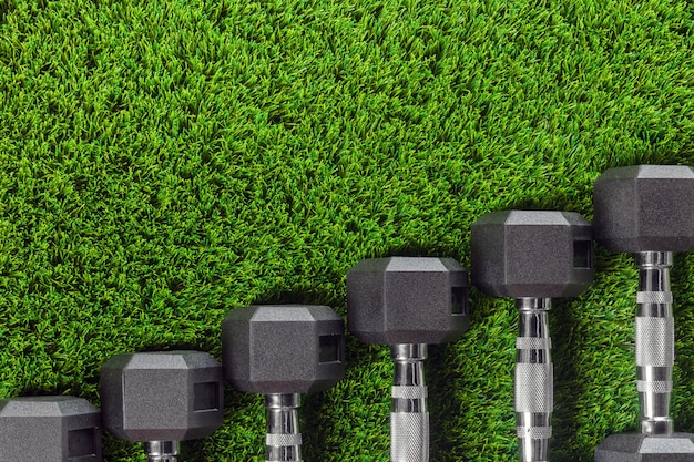 Dumbbells on the grass. 