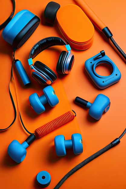 Dumbbells and headphones on background of orange fitness mat Flat lay composition