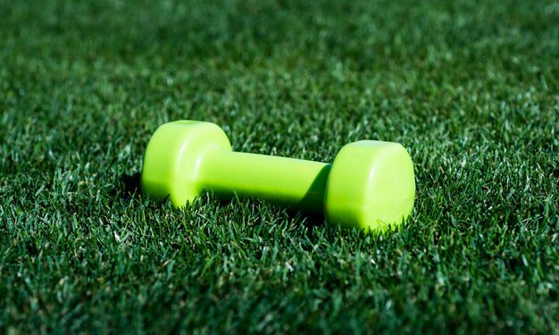 Dumbbells outdoor green lawn fitness healthy lifestyle weight lifting and training ready for workout in park barbells on green grass sport tool and equipment fit your body and lose weight