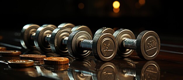 Photo dumbbells positioned on the floor against a dark backdrop