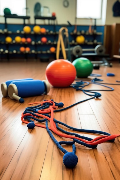 Dumbbells and resistance bands on gym floor created with generative ai