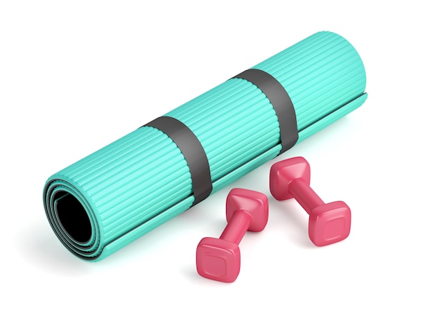 Photo dumbbells and rubber exercise mat on white background