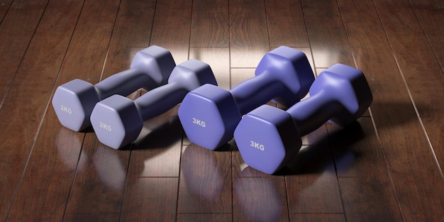 Dumbbells various weight and colors on wooden floor 3d illustration