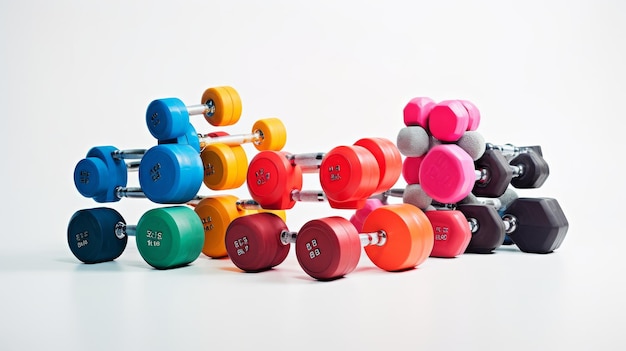 Dumbbells in Various Weights on White Background