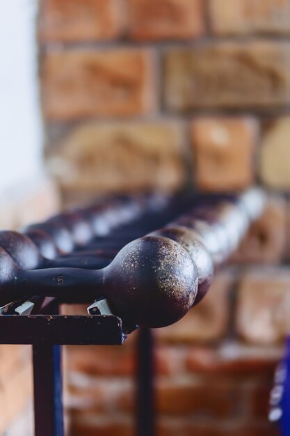 Dumbbells and weights on shelves