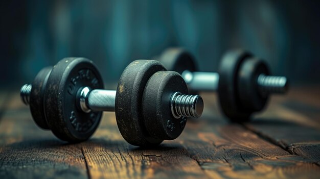 Dumbbells on a wooden gym floor