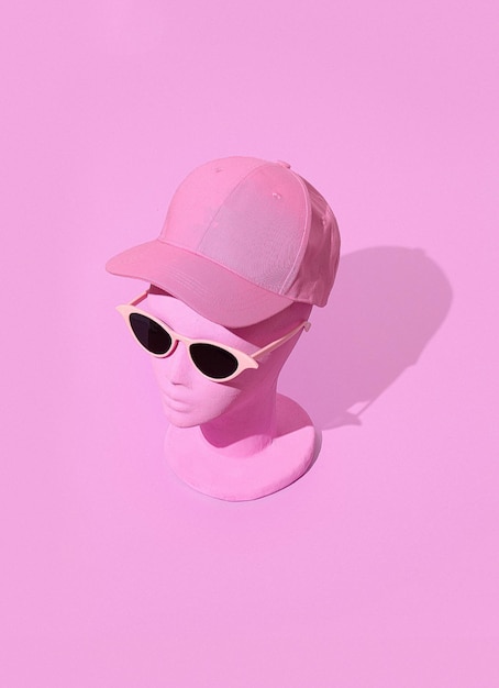 Dummy fashion girl in stylish summer sunglasses and cap Party shop halloween holiday concept Minimalist isometric wallpaper 90s urban style