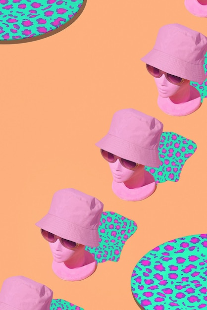 Dummy fashion stylish girl. Bucket hat and sunglases trends. Spring, summer is coming concept. Minimal isometry design