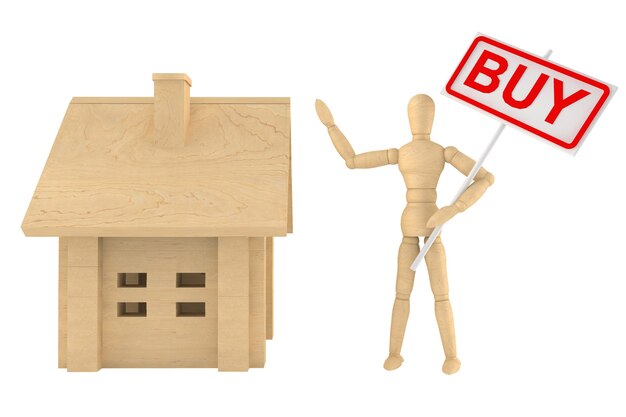 Dummy met houten huis op een witte achtergrond met koopbanner