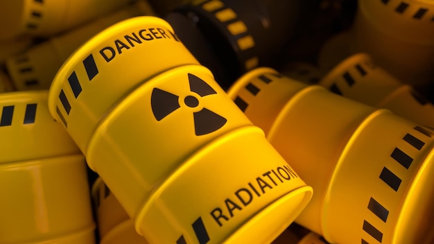 사진 핵 방사성 폐기물이 포함된 노란색 및 검정색 통 덤프 산업용 컨테이너 3d 그림의 방사선 오염 위험