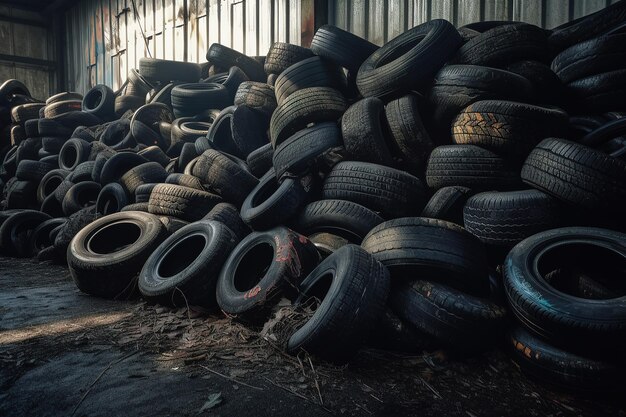 Dump of old used tires Waste car tires for recycling Generative AI