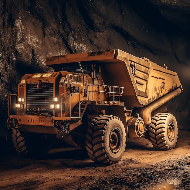 A dump truck in a dark cave with the numbers 379 on the front.