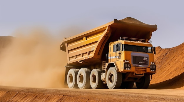 A dump truck drives through a dirt field.