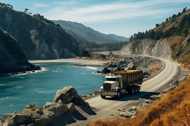 A dump truck driving along a coastal cliffside road Best Dump truck image