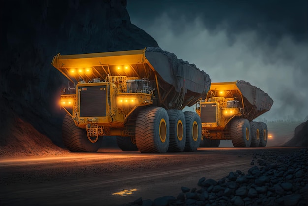 중공업 채굴용 덤프 트럭 거대한 노란색 차량이 있는 광석 또는 석탄 채굴 현장 산업 운송 AI 생성