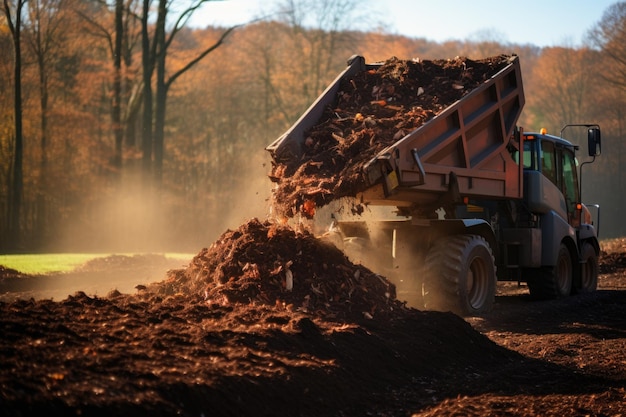 Dump Truck Unloading Biomass in Forest