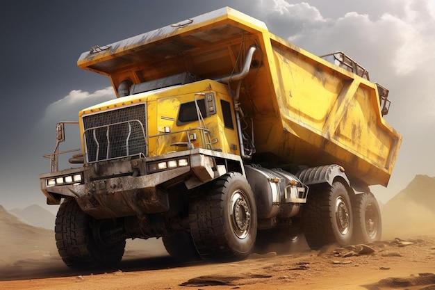 a dump truck with a yellow dump truck in the background