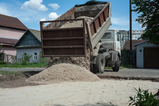 Dump trucks carrying good filling a field giving rise to a fine soil Preparation and construction