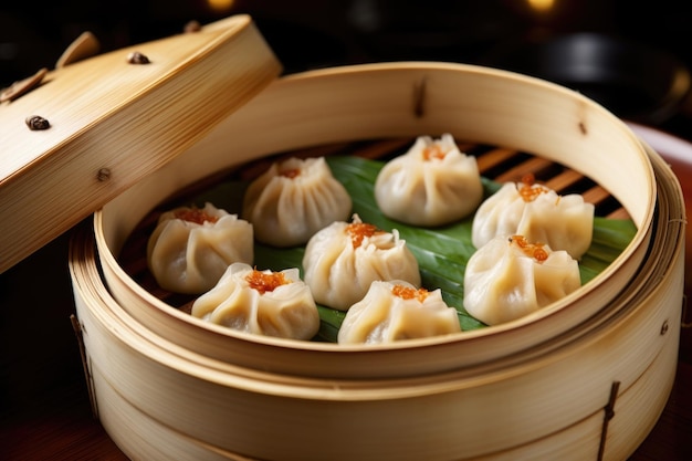 Dumplings in a bamboo steamer