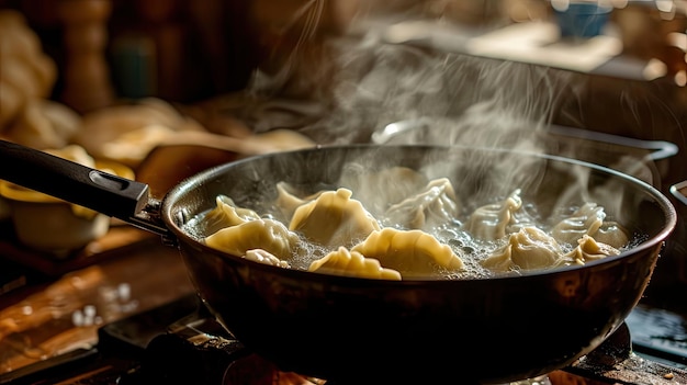 Dumplings Cooking in a Frying Pan on the Stove