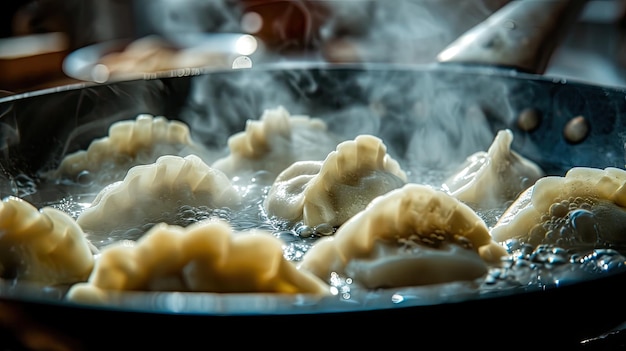 Dumplings Cooking in a Frying Pan on the Stove