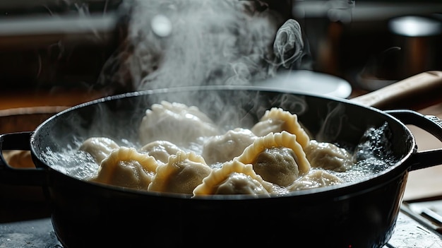 Dumplings Cooking in a Frying Pan on the Stove