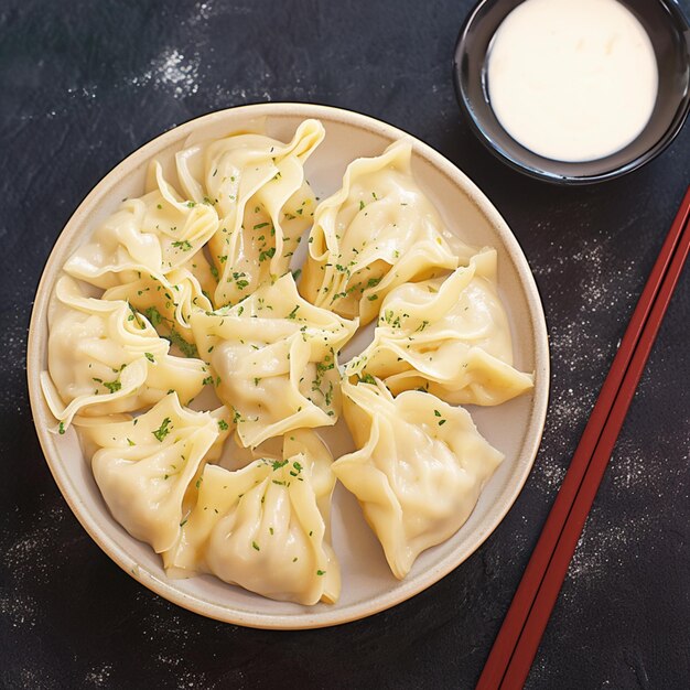 Foto dumplings delicious manti gepresenteerd smakelijk tegen een donkere achtergrond voor sociale media postgrootte