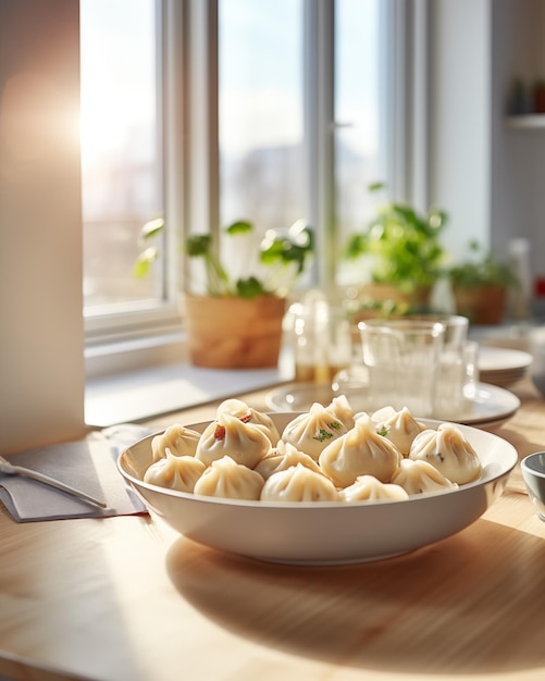 Dumplings met groenten en groenten op de achtergrond