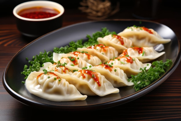 dumplings op een bord met saus kruiden voedsel gemaakt van deeg met vlees