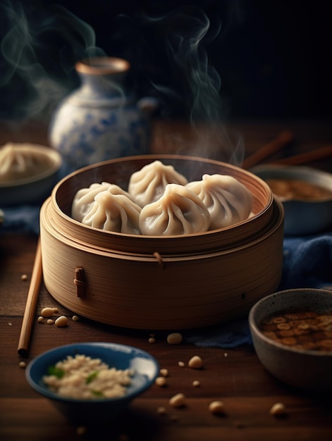 Foto dumplings op een houten tafel.